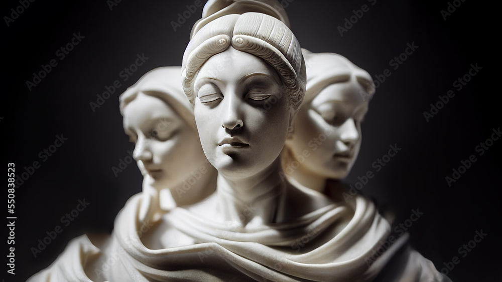 Illustration of a Renaissance marble statue of Moirai, Goddesses of Fate. Moirai in Greek mythology is known as Parcae in Roman mythology.