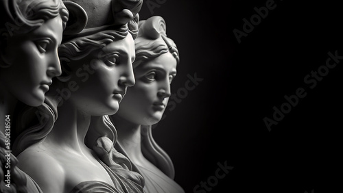 Illustration of a Renaissance marble statue of Moirai, Goddesses of Fate. Moirai in Greek mythology is known as Parcae in Roman mythology. photo