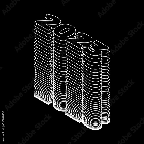 2023 stacked text. Happy New Year black and white elegant style. Isometric vertical stack of 2023 numbers. Months in a year. 2023 creative repetition. Poster template. Vector illustration, clip art.