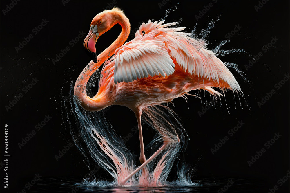 Fototapeta premium Pink flamingo dancing in the water. Digital art