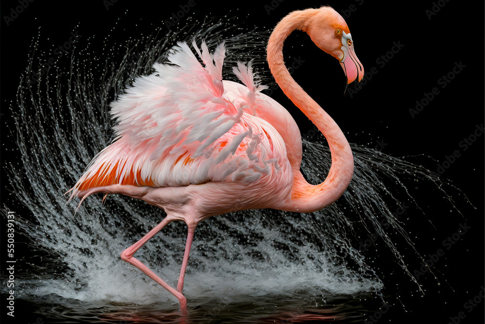 Fototapeta premium Pink flamingo dancing in the water. Digital art