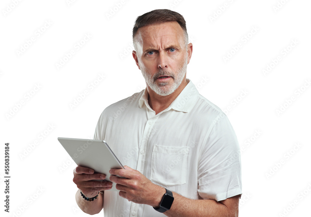 PNG studio portrait of a mature man looking confused while using a digital tablet against a grey background PNG studio portrait of a mature man looking confused while using a digital tablet against a grey background