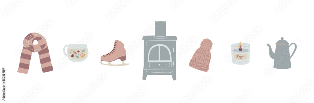 Set of hand drawn autumn and winter hygge elements Set of hand drawn autumn and winter hygge elements