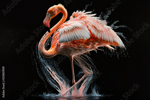 Pink flamingo dancing in the water. Digital art