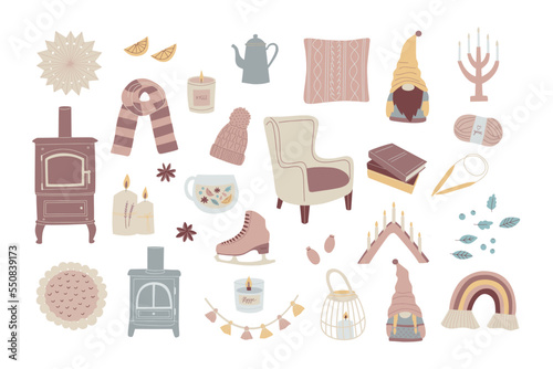 Collection of hand drawn autumn and winter hygge elements