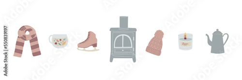 Set of hand drawn autumn and winter hygge elements