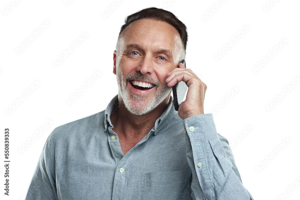 PNG studio portrait of a mature man talking on a cellphone against a grey background PNG studio portrait of a mature man talking on a cellphone against a grey background