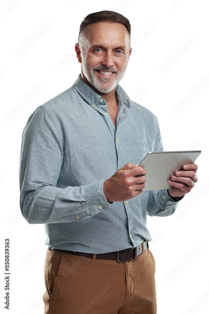 PNG studio portrait of a mature man using a digital tablet against a grey background