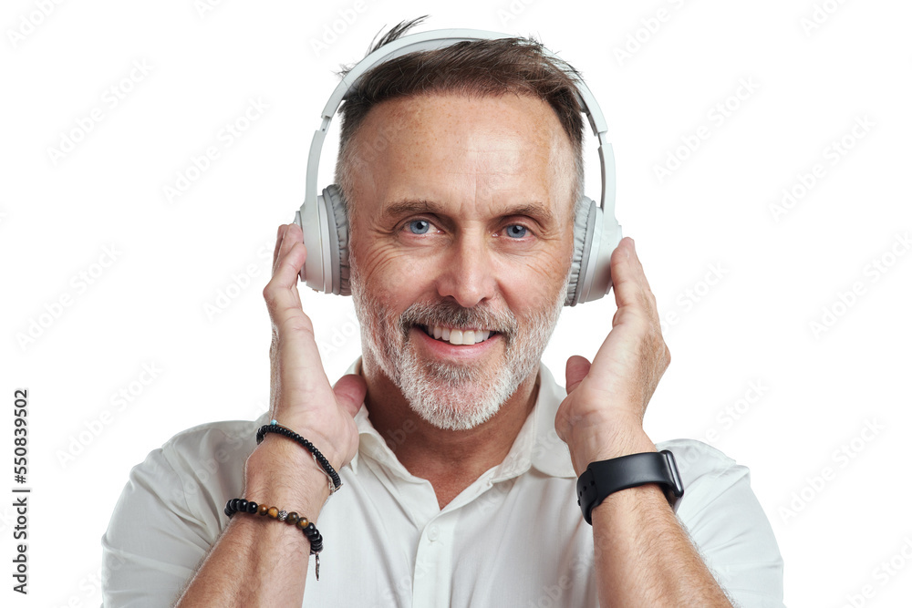 PNG studio portrait of a mature man wearing headphones against a grey background