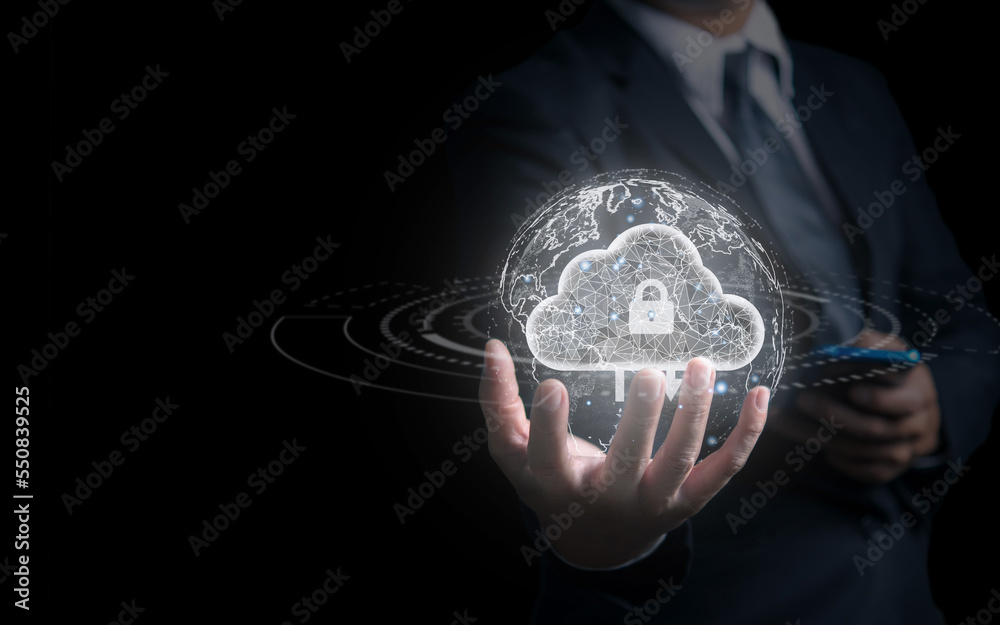 Technology for cloud computing, database storage, and security transfer of a backup. On the right, in an ethereal setting, is a sizable cloud icon. Technology for cloud computing, database storage, and security transfer of a backup. On the right, in an ethereal setting, is a sizable cloud icon.