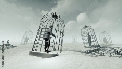 Art illustration with people in a cage