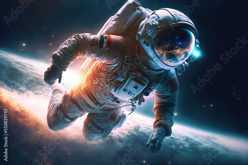AI generated image of an astronaut floating in space, earth planet in the background