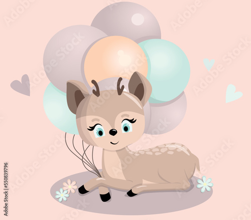 Cute fawn. Funny illustration of a bemby with balloons. Baby Hare