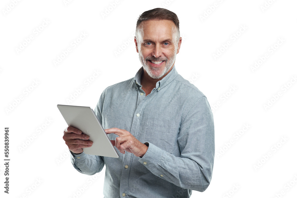 PNG studio portrait of a mature man using a digital tablet against a grey background PNG studio portrait of a mature man using a digital tablet against a grey background