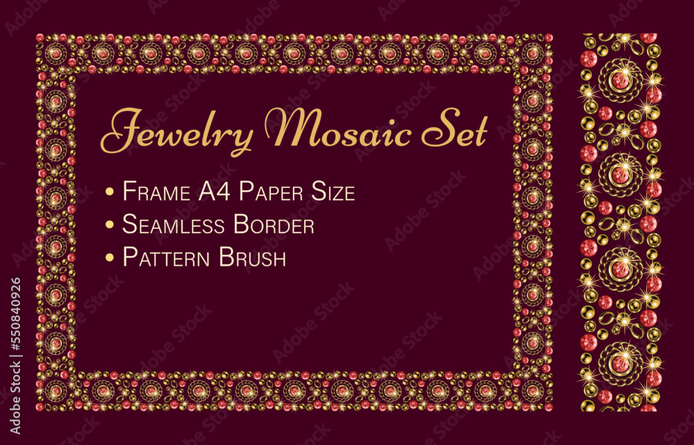 Jewelry set with rectangular mosaic frame, seamless border, pattern brush. Gold elements, red gems. Can be used for poster, invitation, greeting card, menu etc Vintage style