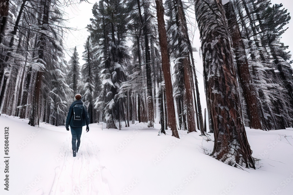 photo of a person walking through a snow-covered forest 