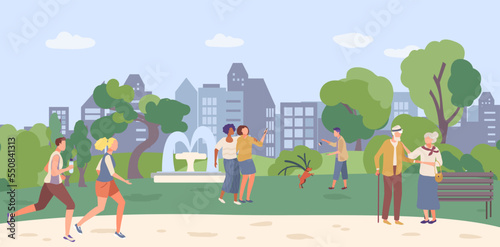 Modern young people citizen city spend time garden city, old people character stroll square flat vector illustration, urbanscape park.