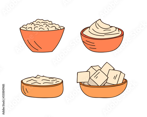 Diary product illustrations set with cottage cheese, cheese, yogurt. Milk products doodle illustrations collection with cottage cheese, cheese, yogurt. Diary products colorful doodle icons set.