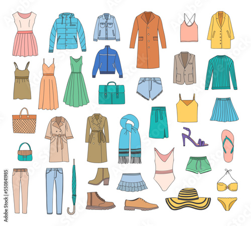 Clothes colorful doodle illustration collection. Clothes colorful icons collection. Clothes illustrations set in vector.