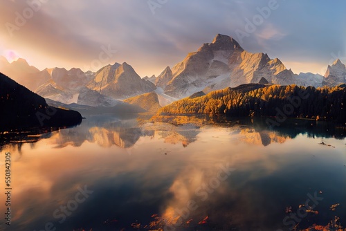 Splendid autumn scene of Vorderer ( Gosausee ) lake with Dachstein glacieron background. Picturesque morning view of Austrian Alps, Upper Austria, Europe. Traveling concept background. photo