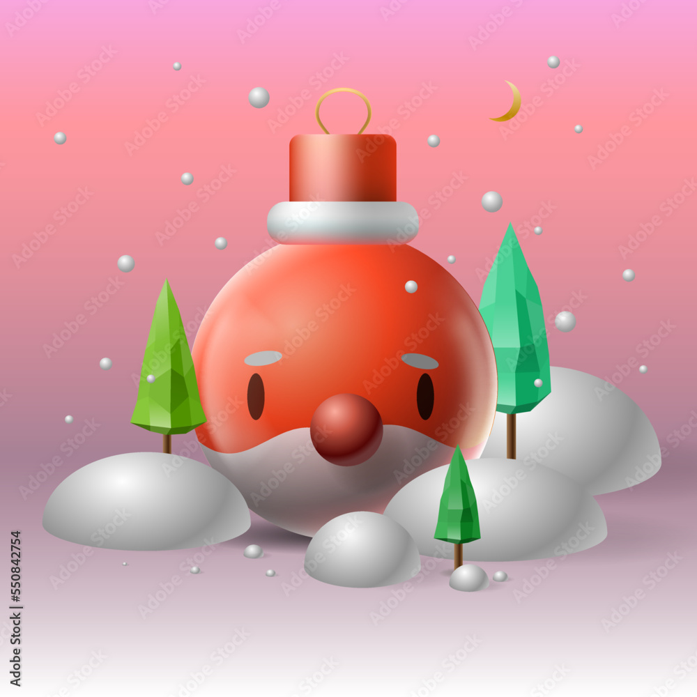 Christmas and New Year festive winter 3d composition in cartoon style. Santa Claus snow globe and winter Christmas trees in snow. 