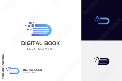 letter D digital tech book logo icon designs, pixel book logo template, online learning logo symbol for education logo element