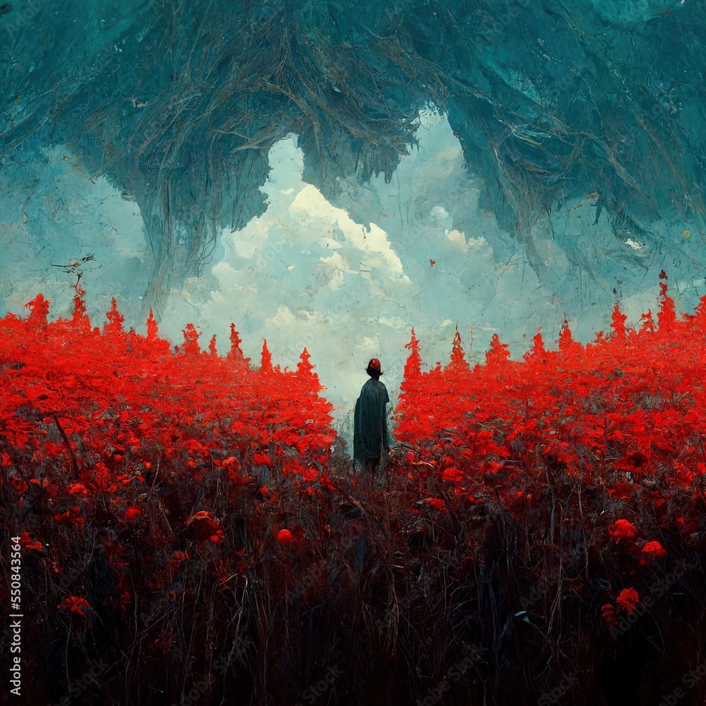 Fantasy Fairytale Landscape with People Walking Among Red Flowers Field - Digital Art, Concept Art - obrazy, fototapety, plakaty 