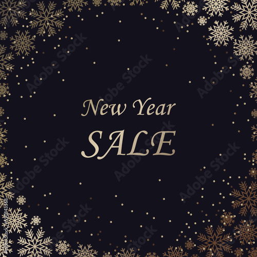 New Year's Discount, Sale. Gold on dark background. Snowflakes, glitter. Holiday dressy banner.