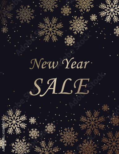 New Year's Discount, Sale. Gold on dark background. Snowflakes, glitter. Holiday dressy banner.