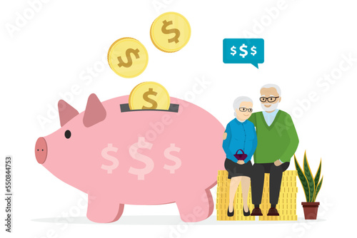 Golden coins falling in piggy bank, increase retirement savings, money plan. Pension fund, concept. Elderly love couple save up money for comfortable old age. Banking, growing deposit account.