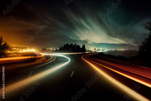 Highway traffic light streaks. Long exposure of urban night road. Generative AI Illustration of highway traffic with light trails from cars, long exposure.
