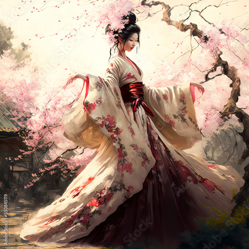 Fotografia Asian girl in traditional kimono in a blooming Sakura garden
