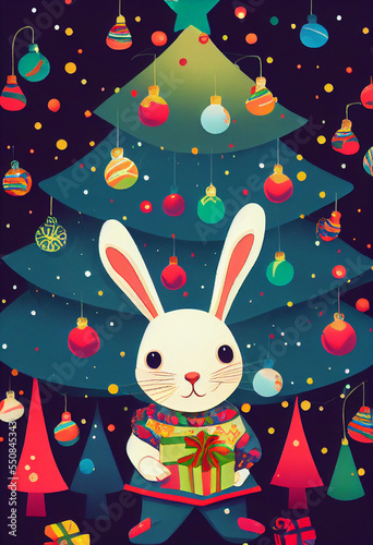 cute bunny cartoon character on the background of a christmas tree decorated with colorful lights, new year and christmas mood