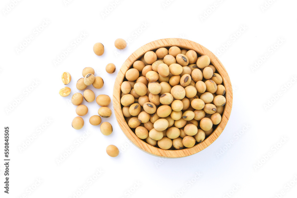 Soybean seeds in wooden bowl isolated on white background , top view , flat lay. Soybean seeds in wooden bowl isolated on white background , top view , flat lay.