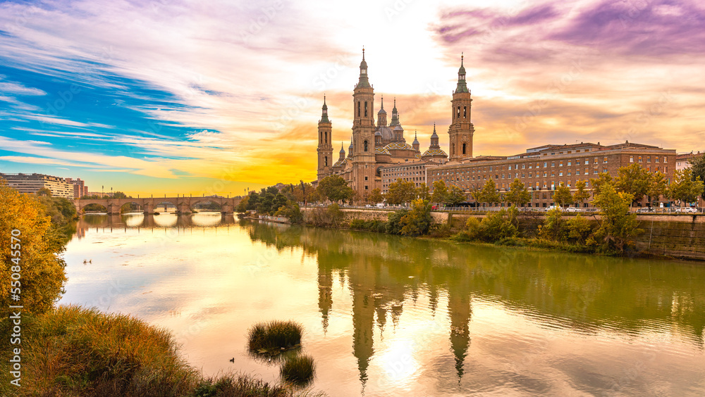 Cathedral-Basilica of Our Lady of the Pillar at sunset- Aragon, Saragossa in Spain Cathedral-Basilica of Our Lady of the Pillar at sunset- Aragon, Saragossa in Spain