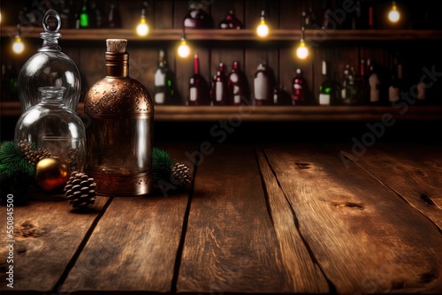 Christmas decorations against a warmly lit wooden background. Great for banners  ads  cards and more. 