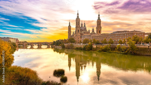 Cathedral-Basilica of Our Lady of the Pillar at sunset- Aragon, Saragossa in Spain