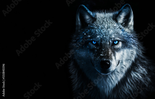 Fotografie, Obraz Magic frost wolf with blue eyes in the dark on black background