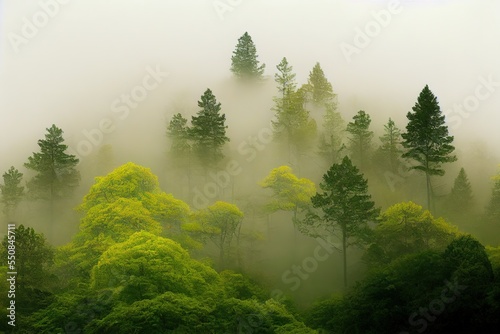 Beech trees surrounded by fog on a rainy spring day