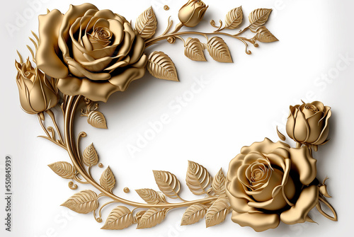 illustration of a golden frame of roses on a white background with copy space for creative designs