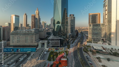 Panorama showing Dubai International Financial district aerial timelapse. View of business and financial office towers.