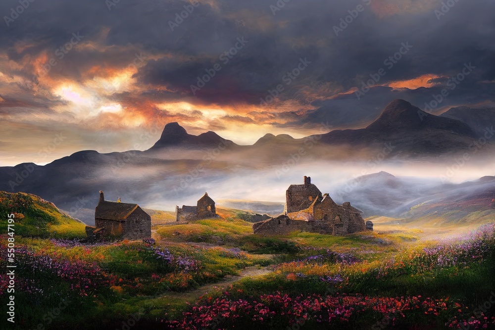 Imaginative Scottish stone wall cottage and enchanted dreamy surrealism. Scenic imaginative highland mountain and hills, colorful wild flowers and gorgeous puffy clouds with hazy fog. - obrazy, fototapety, plakaty 