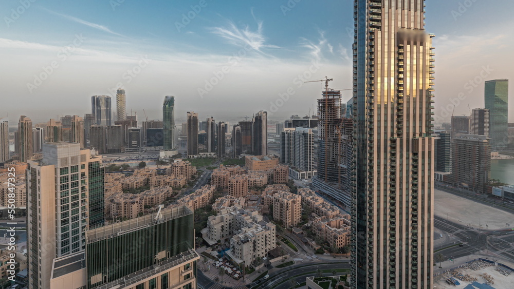 Panorama showing aerial panoramic skyline of a big futuristic city timelapse. Business bay and Downtown Panorama showing aerial panoramic skyline of a big futuristic city timelapse. Business bay and Downtown