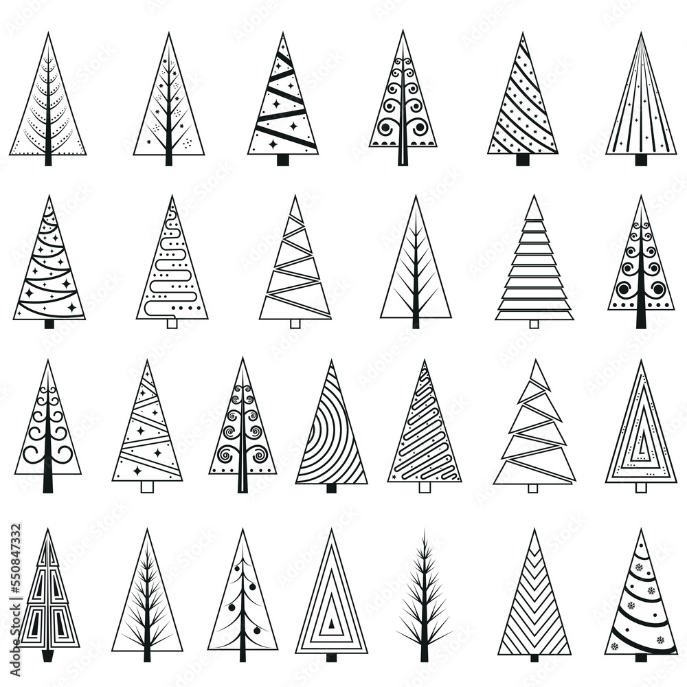 Obraz premium A set of Christmas trees in the doodle style, black outline. Isolated vector illustration.
