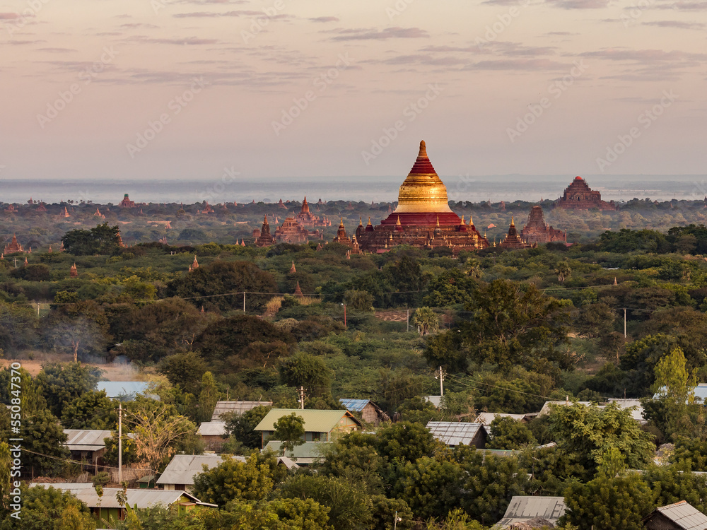 Panorama of the Dhammayazika Pagoda in Bagan as the hot air balloon passes by