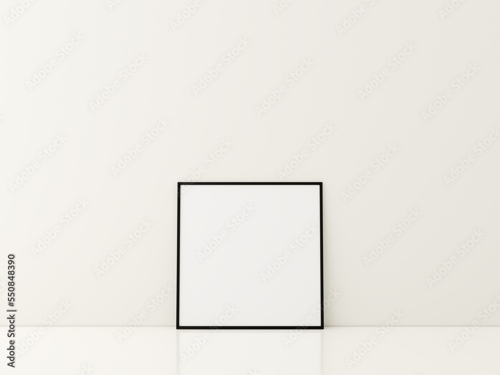 Frame with poster mockup standing on the white floor. minimalist frame mockup. 3d rendering Frame with poster mockup standing on the white floor. minimalist frame mockup. 3d rendering