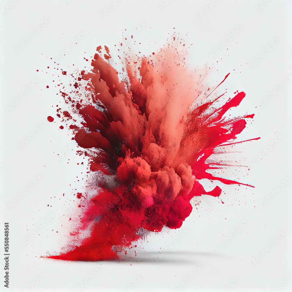 Red powder explosion on white background. Exploding isolated powdered design. AI generated image