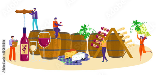 Winemaker tiny character group together process wine production alcohol drink beverage flat vector illustration, isolated on white.