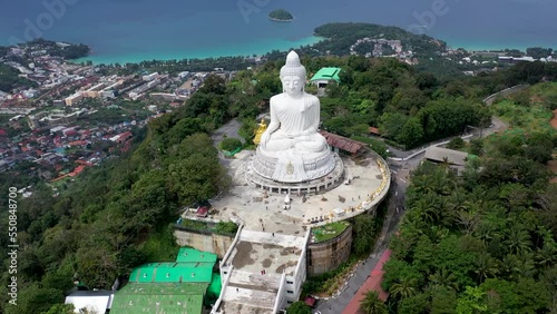 Aerial view Big Buddha Phuket Thailand Height 45 m. Reinforced concrete structure adorned with white jade marble Suryakanta from Myanmar Burma photo