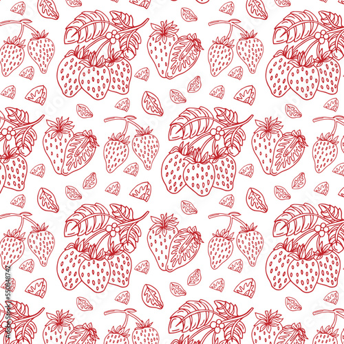 Line drawn doodle strawberries white background. Seamless summer cute pattern. Good for packaging.
